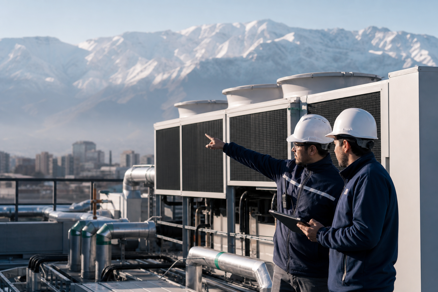 Ingenieros revisando climatización de precisión para datacenter en Chile